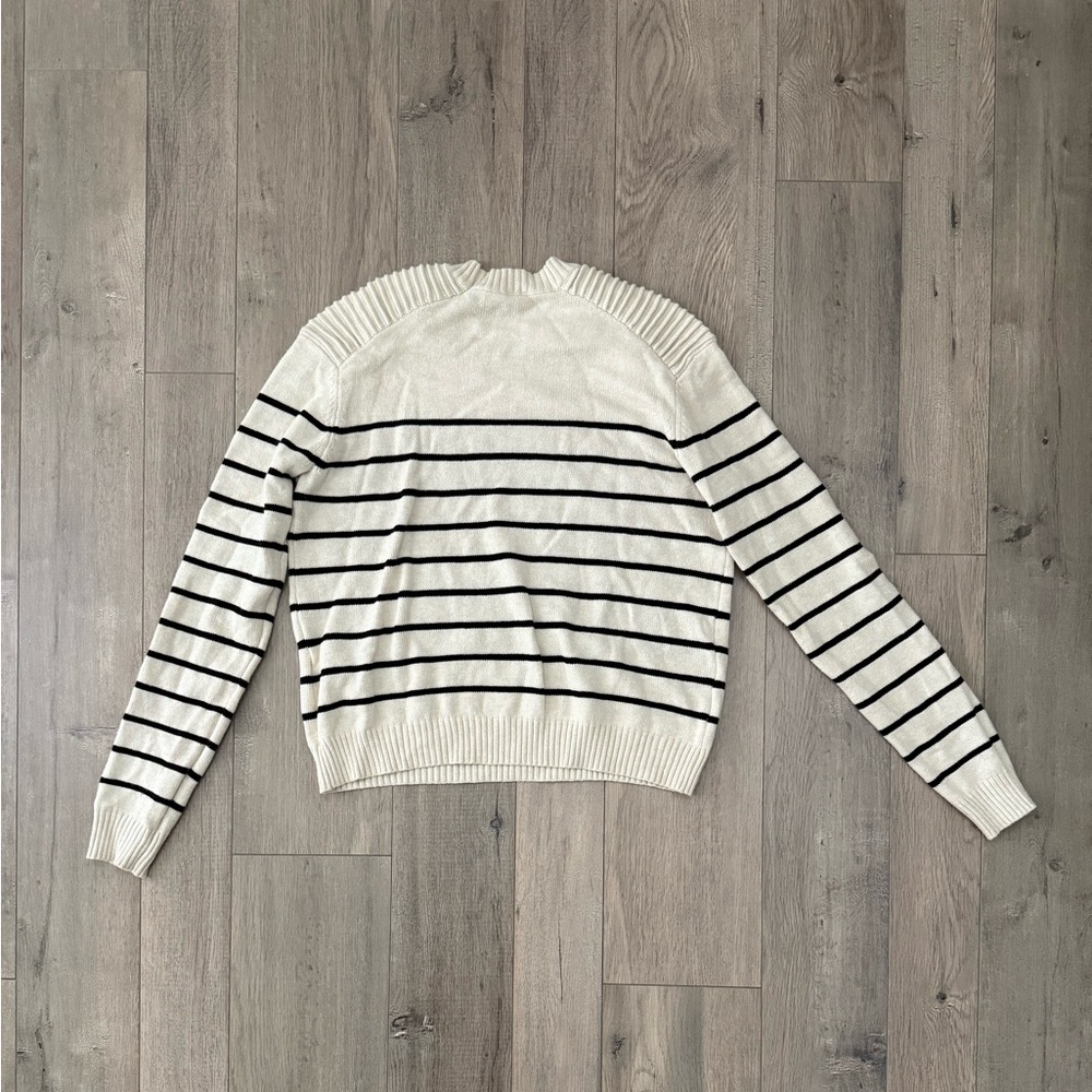 Striped Cream and Black Striped Sweater with Gold Button Accent - Picture 5 of 7